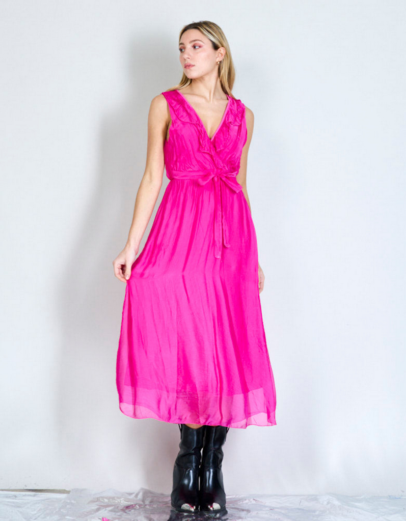 BZNA Ibiza Kleid Fuxia Seidenchiffon langes Kleid mit Rüschen Seidenkleid oneSize