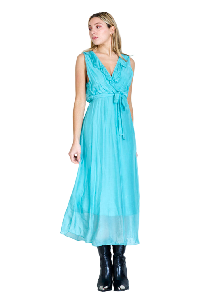 BZNA Ibiza Kleid Aqua Seidenchiffon langes Kleid mit Rüschen Seidenkleid oneSize - B Z N A