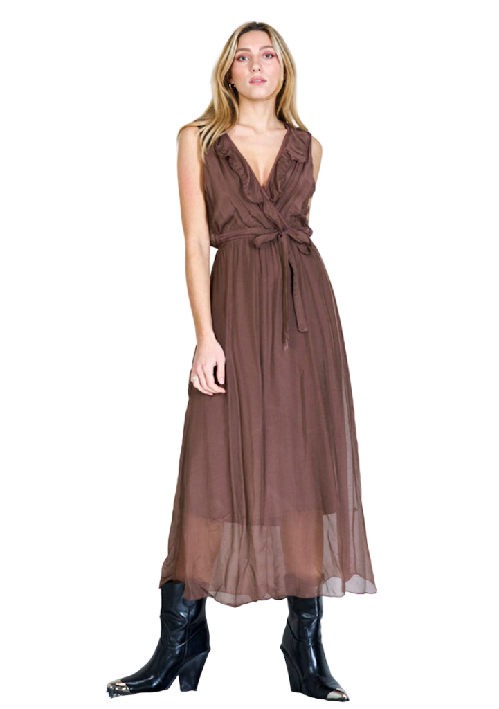 BZNA Ibiza Kleid Coffee Seidenchiffon langes Kleid mit Rüschen Seidenkleid oneSize - B Z N A