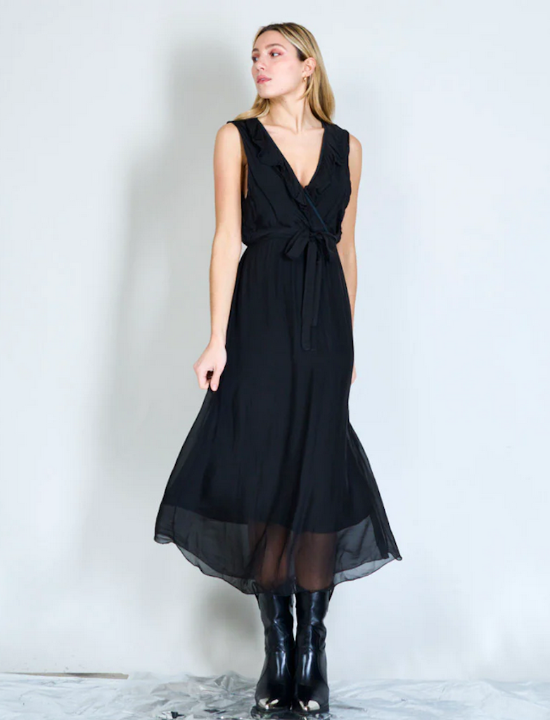 BZNA Ibiza Kleid Schwarz Seidenchiffon langes Kleid mit Rüschen Seidenkleid oneSize