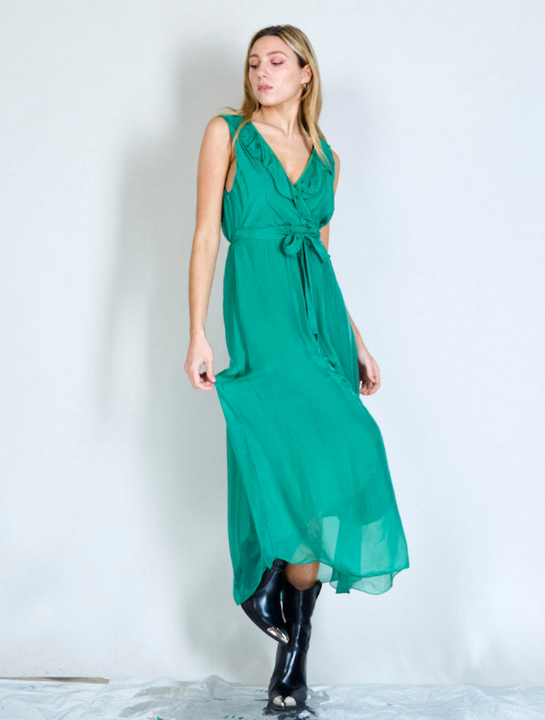 BZNA Ibiza Kleid Esmerald Grün Seidenchiffon langes Kleid mit Rüschen Seidenkleid oneSize