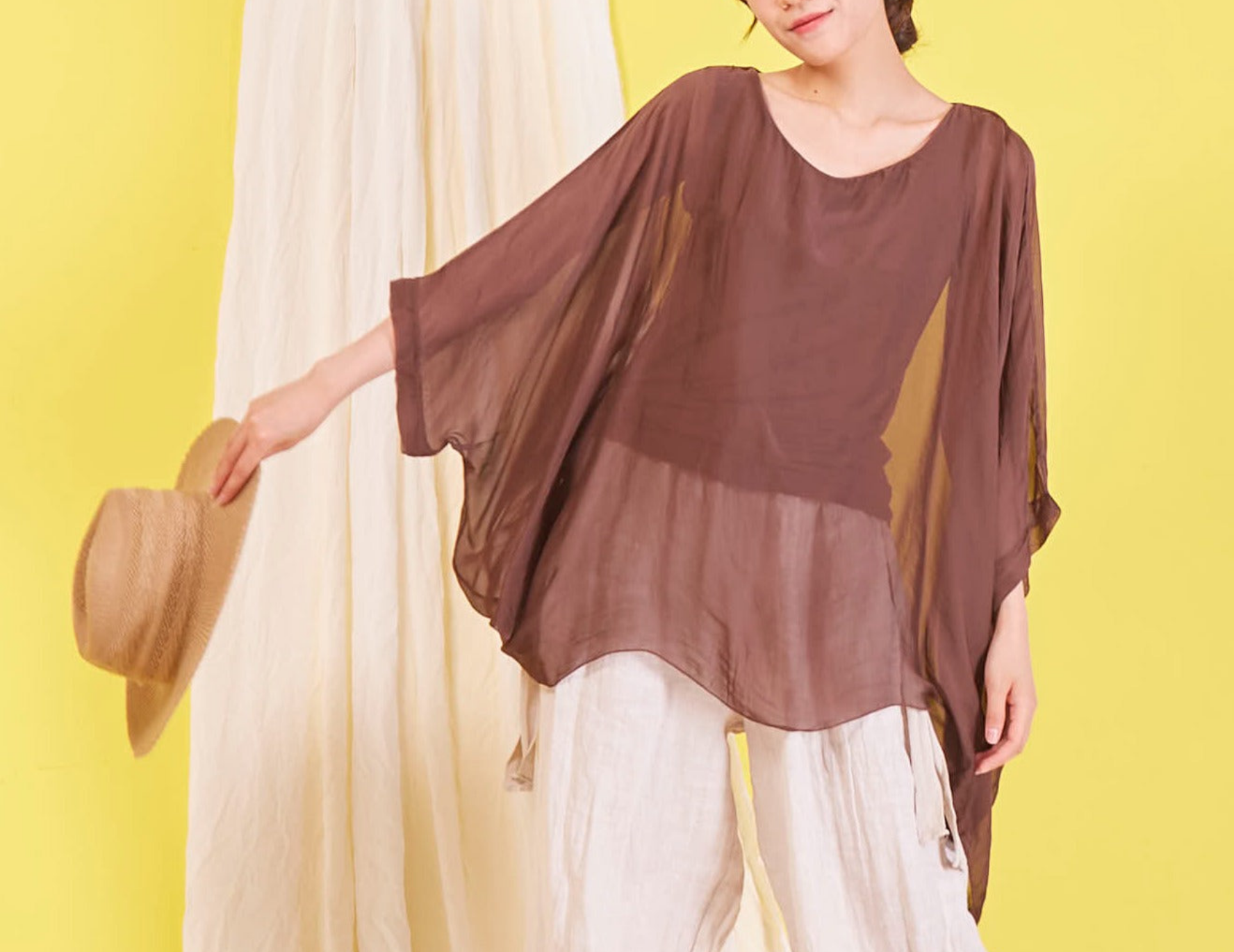 BZNA Seidenbluse Coffee Tunika Seidentunika Seidenchiffonbluse Fledermaus Ärmel oneSize