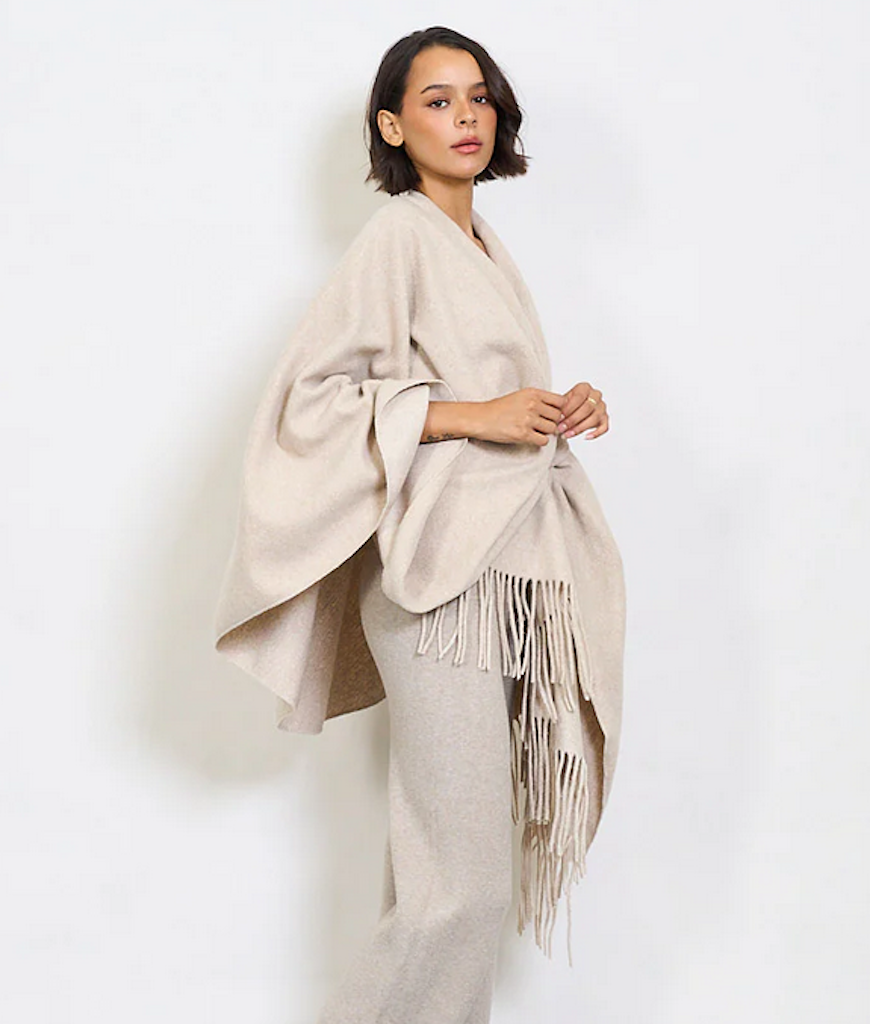 BZNA Strickponcho in Beige - Wolltuch mit Fransen - Poncho MADE IN ITALY