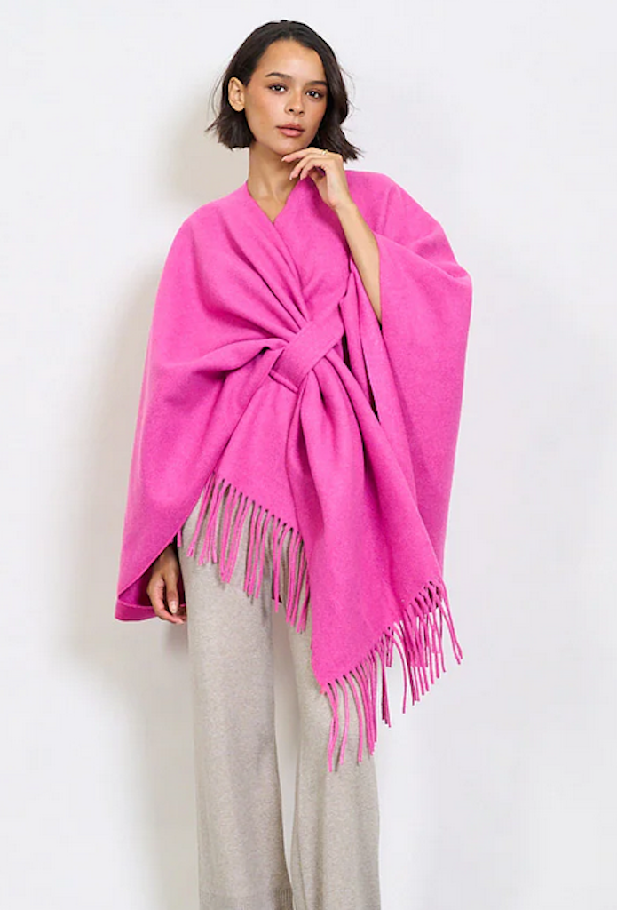BZNA Strickponcho in Fuxia - Wolltuch mit Fransen - Poncho MADE IN ITALY