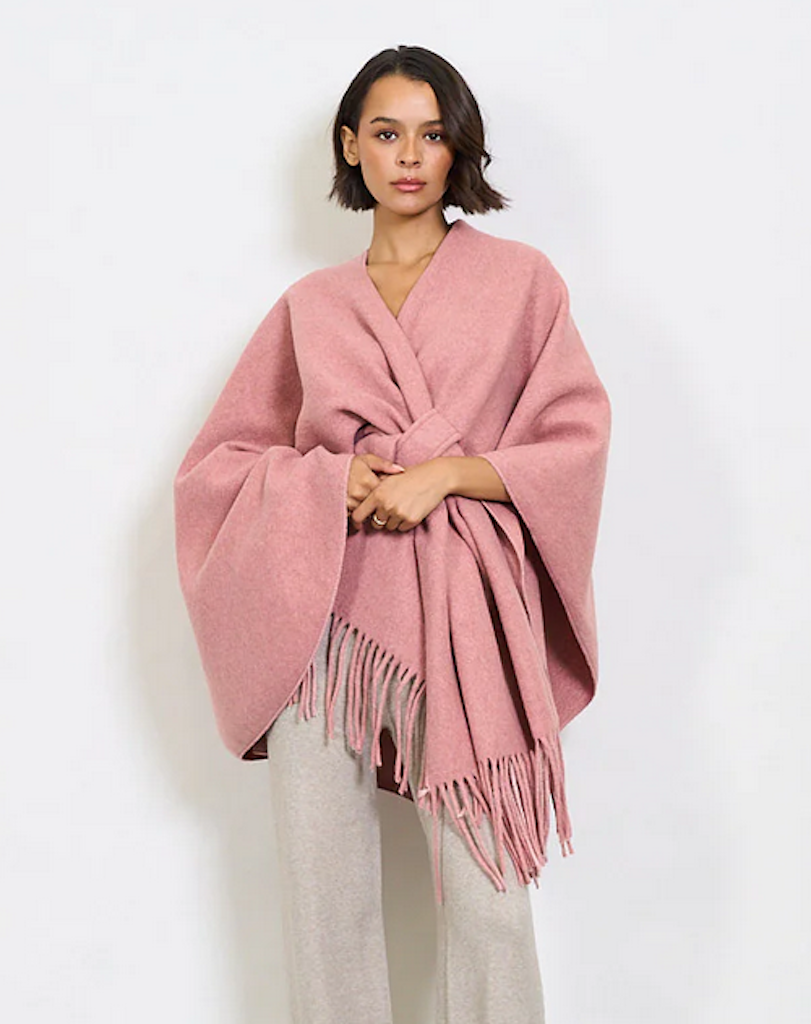 BZNA Strickponcho in Rosa Wolltuch mit Fransen Poncho MADE IN