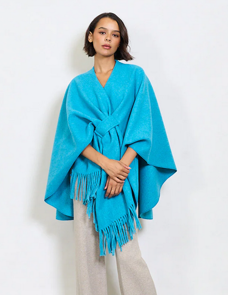 BZNA Strickponcho in Türkis - Wolltuch mit Fransen - Poncho MADE IN ITALY