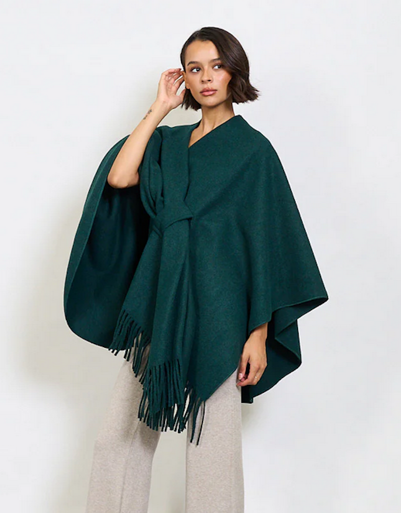 BZNA Strickponcho in Dunkelgrün - Wolltuch mit Fransen - Poncho MADE IN ITALY