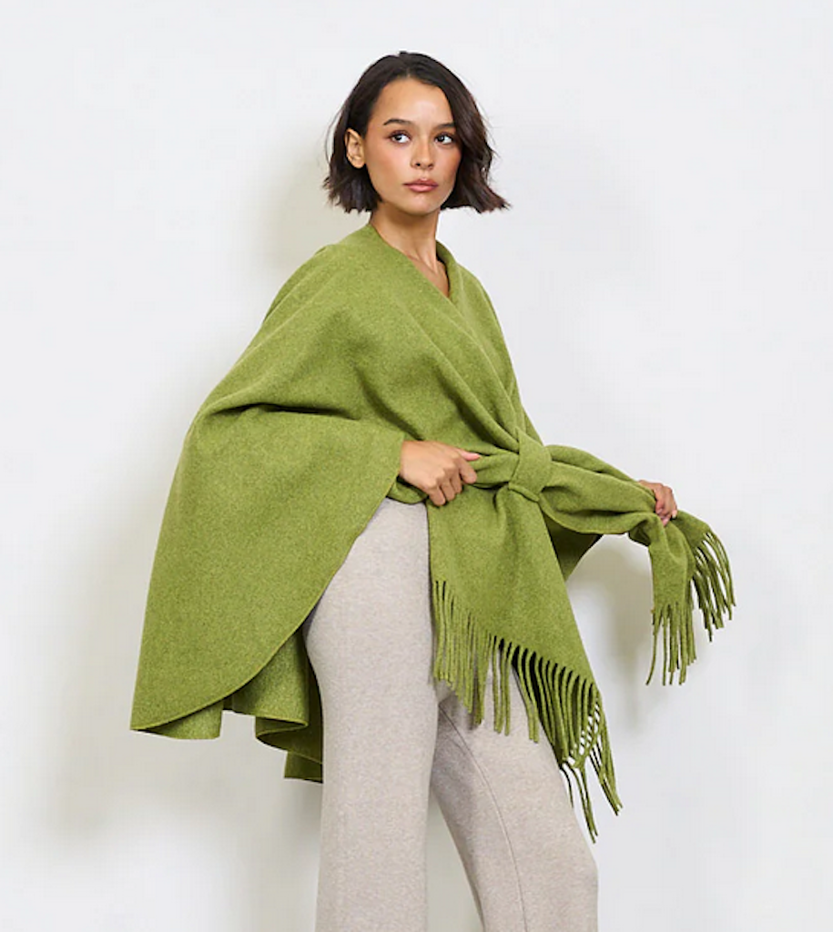 BZNA Strickponcho in Olive Grün - Wolltuch mit Fransen - Poncho MADE IN ITALY