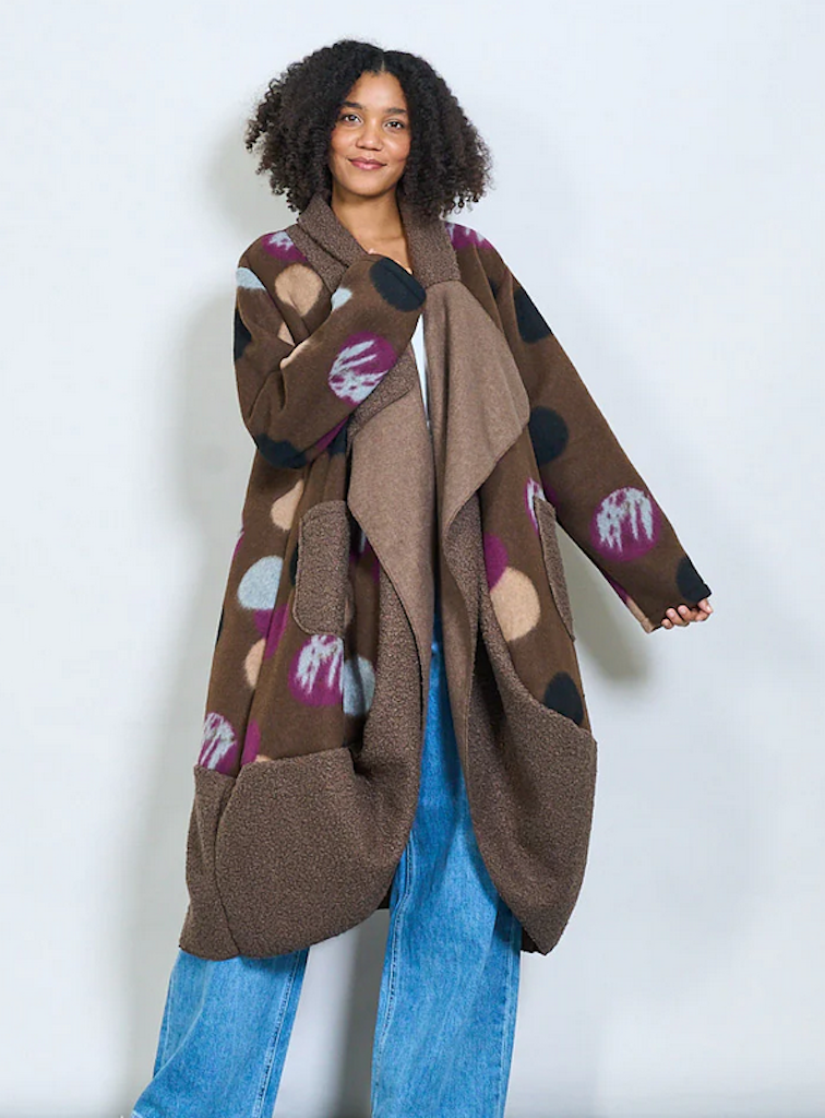 BZNA Oversize Open Front Strickmantel Wollmantel polka dot Kaffee mehrfarbig  -  MADE IN ITALY