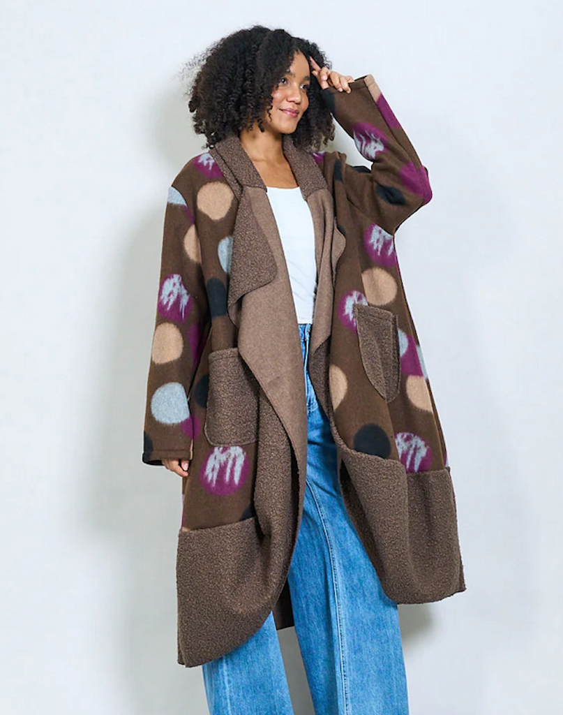 BZNA Oversize Open Front Strickmantel Wollmantel polka dot Kaffee mehrfarbig  -  MADE IN ITALY