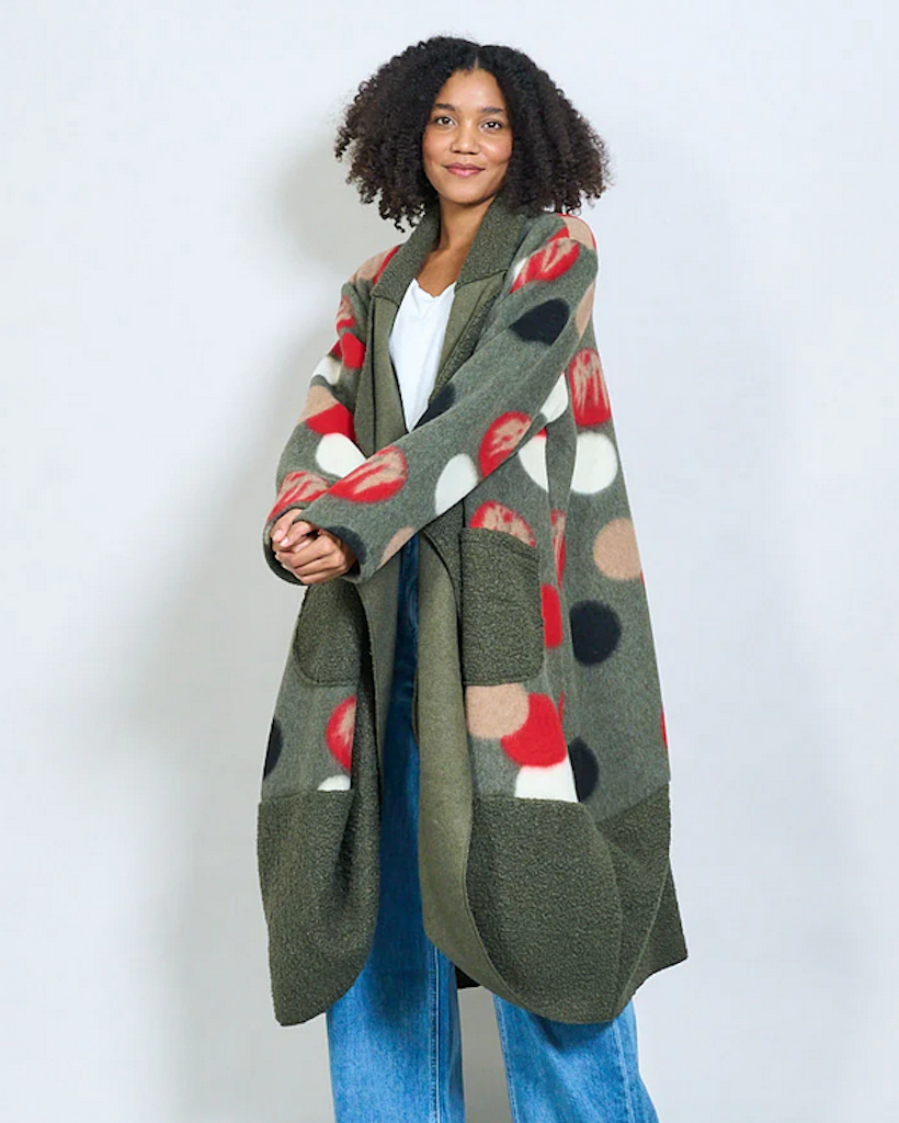 BZNA Oversize Open Front Strickmantel Wollmantel polka dot Grün mehrfarbig  -  MADE IN ITALY