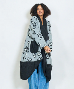 BZNA Oversize Open Front Strickmantel Wollmantel Grau Leo mehrfarbig  -  MADE IN ITALY
