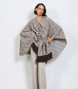 BZNA Strickponcho in Kaffee -Fischgräten-  Wolltuch mit Fransen - Poncho MADE IN ITALY