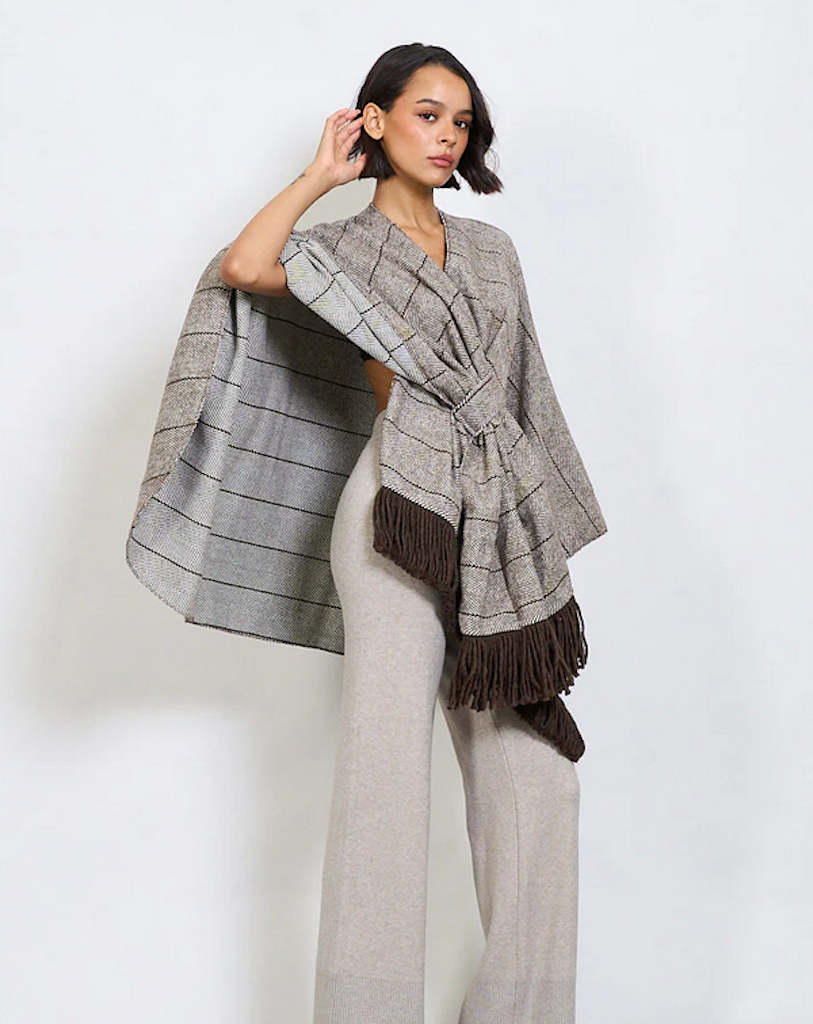 BZNA Strickponcho in Kaffee -Fischgräten-  Wolltuch mit Fransen - Poncho MADE IN ITALY