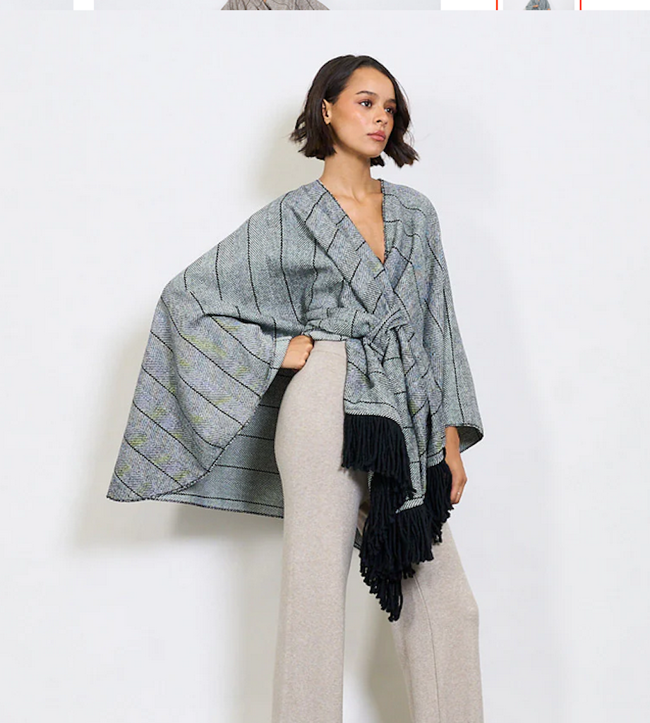 BZNA Strickponcho in Schwarz -Fischgräten-  Wolltuch mit Fransen - Poncho MADE IN ITALY