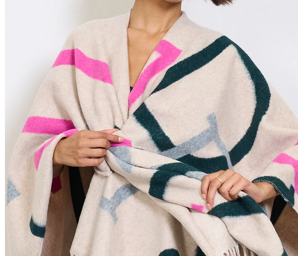 BZNA Strickponcho in Beige Mix - Wolltuch mit Fransen - Poncho MADE IN ITALY