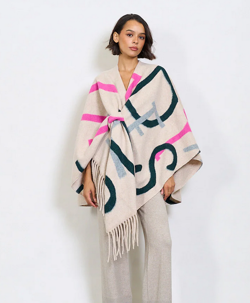 BZNA Strickponcho in Beige Mix - Wolltuch mit Fransen - Poncho MADE IN ITALY