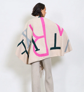 BZNA Strickponcho in Beige Mix - Wolltuch mit Fransen - Poncho MADE IN ITALY