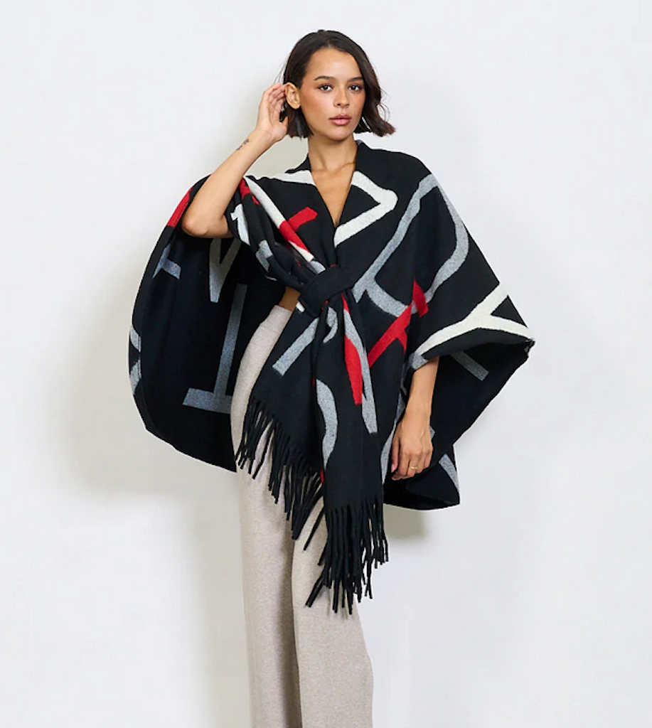 BZNA Strickponcho in Schwarz Mix - Wolltuch mit Fransen - Poncho MADE IN ITALY