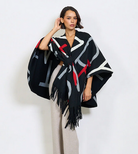 BZNA Strickponcho in Schwarz Mix - Wolltuch mit Fransen - Poncho MADE IN ITALY
