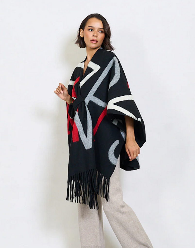 BZNA Strickponcho in Schwarz Mix - Wolltuch mit Fransen - Poncho MADE IN ITALY