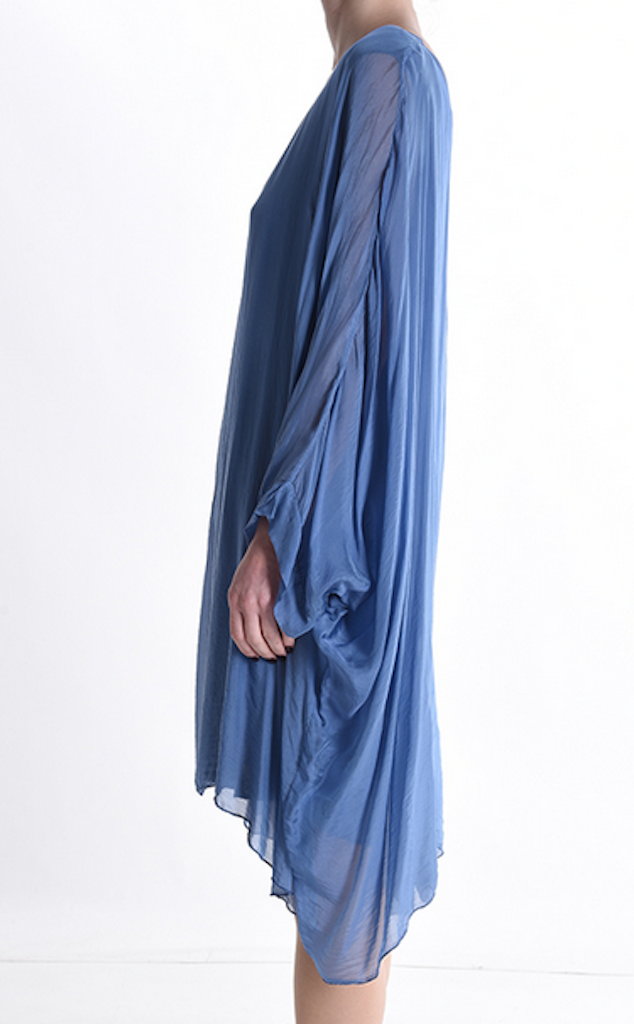 BZNA Seidenbluse lang Aqua Blau Tunika Seidentunika Seidenchiffonbluse Fledermaus Ärmel oneSize