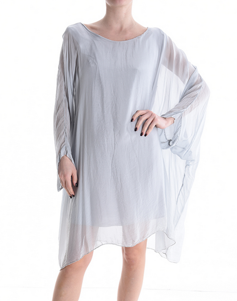 BZNA Seidenbluse lang light Grey Tunika Seidentunika Seidenchiffonbluse Fledermaus Ärmel oneSize