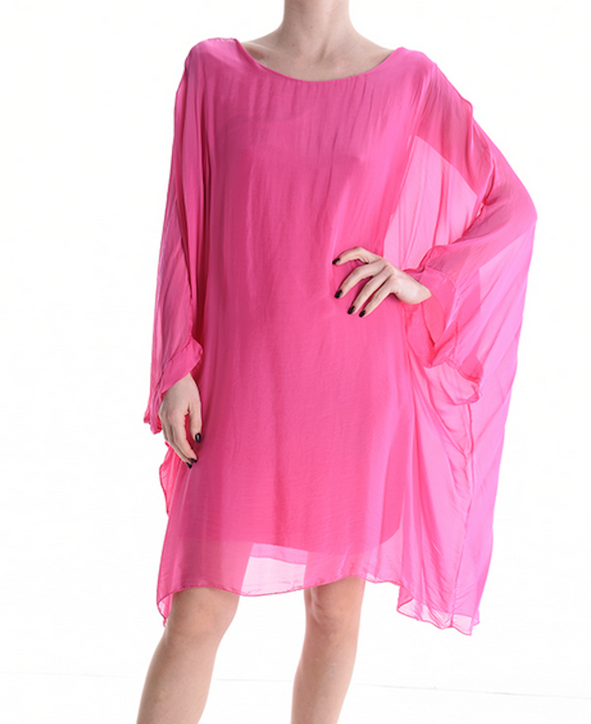 BZNA Seidenbluse lang Fuxia Tunika Seidentunika Seidenchiffonbluse Fledermaus Ärmel oneSize