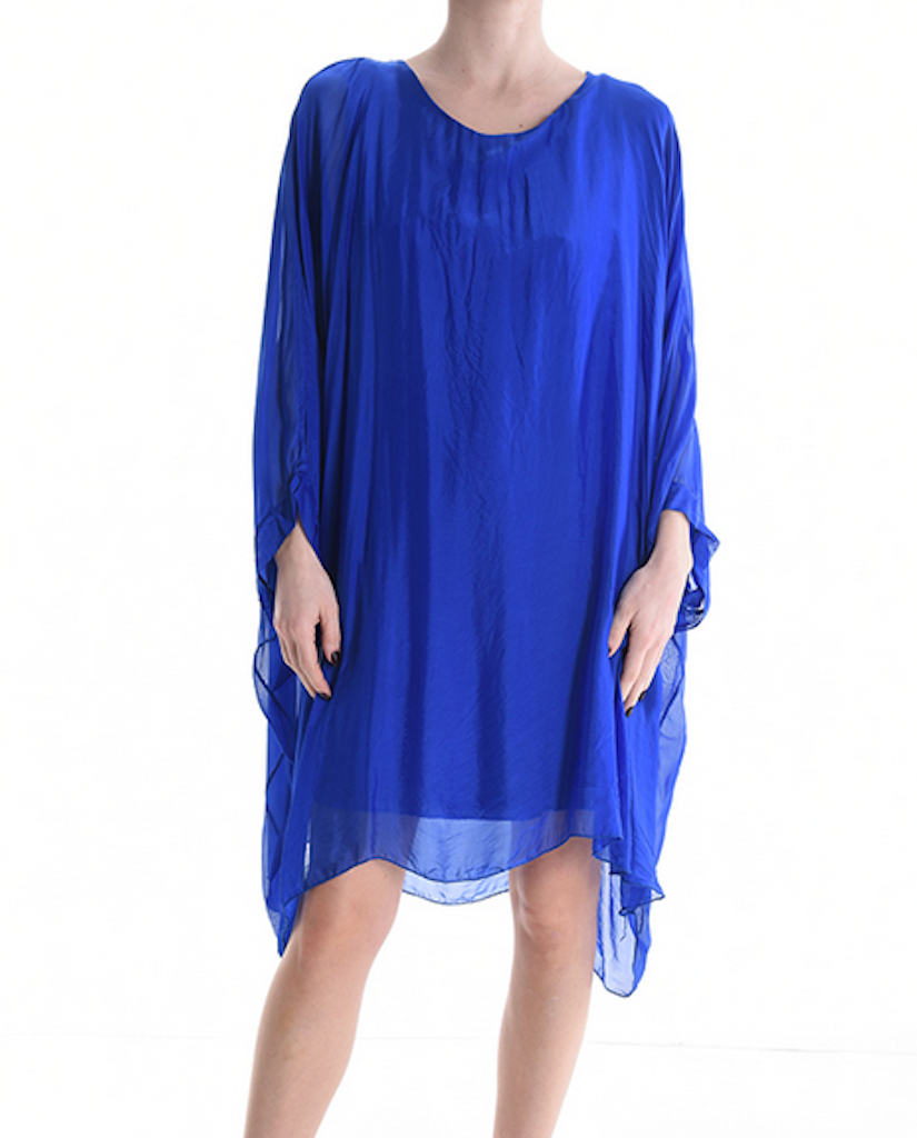 BZNA Seidenbluse lang Royalblau Tunika Seidentunika Seidenchiffonbluse Fledermaus Ärmel oneSize