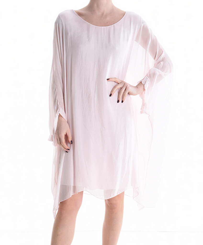 BZNA Seidenbluse lang Rosa Tunika Seidentunika Seidenchiffonbluse Fledermaus Ärmel oneSize