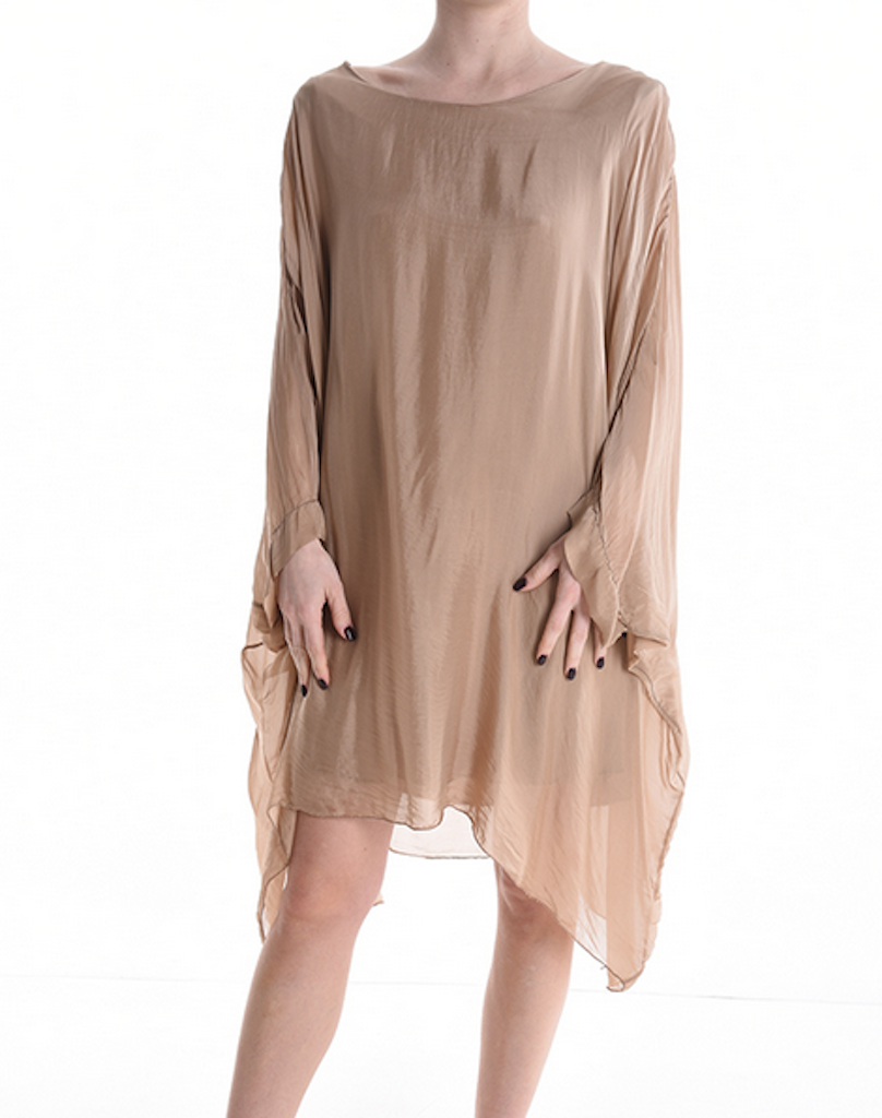 BZNA Seidenbluse Taupe Tunika Seidentunika Seidenchiffonbluse Fledermaus Ärmel oneSize