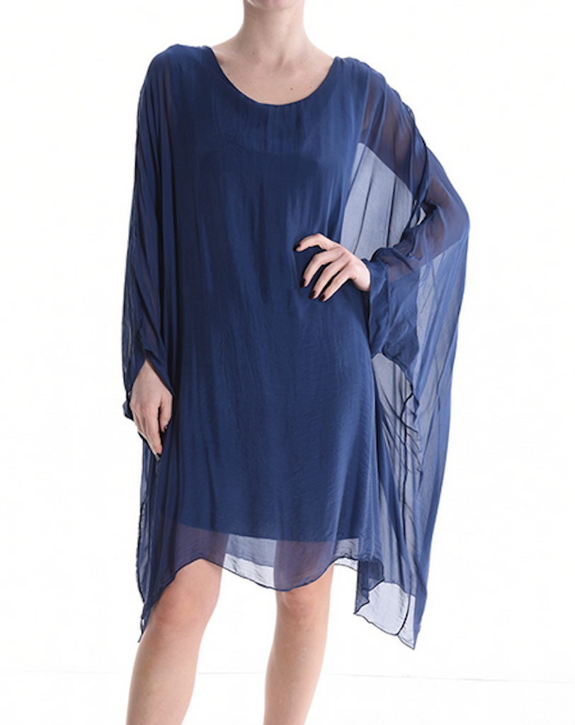 BZNA Seidenbluse lang Navyblau  Tunika Seidentunika Seidenchiffonbluse Fledermaus Ärmel oneSize