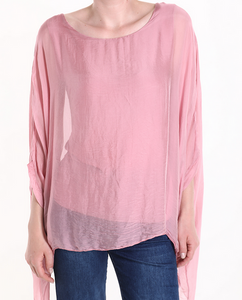 BZNA Seidenbluse Rosa Tunika Seidentunika Seidenchiffonbluse Fledermaus Ärmel oneSize