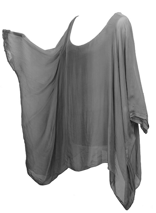 BZNA Seidenbluse Silber Tunika Seidentunika Seidenchiffonbluse Fledermaus Ärmel oneSize