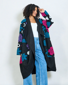 BZNA Oversize Open Front Blue Strickmantel Wollmantel  bold floral   MADE IN ITALY