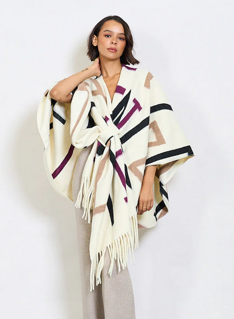 BZNA Strickponcho in Creme Mix - Wolltuch mit Fransen - Poncho MADE IN ITALY
