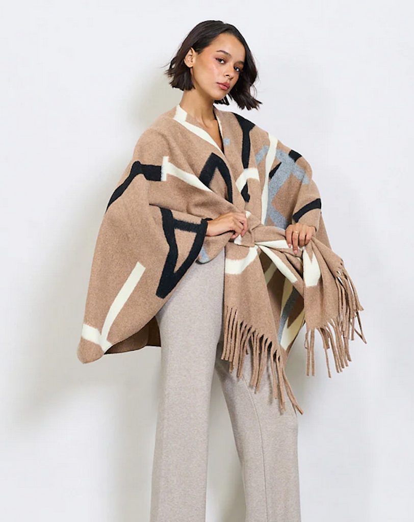 BZNA Strickponcho in Camel Mix - Wolltuch mit Fransen - Poncho MADE IN ITALY