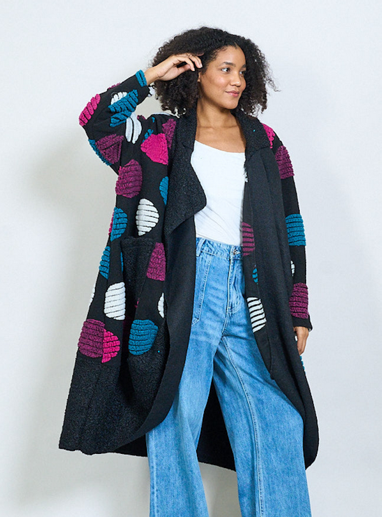BZNA Oversize Open Front Strickmantel Wollmantel  Farbe Fuxia -circle pattern -  MADE IN ITALY