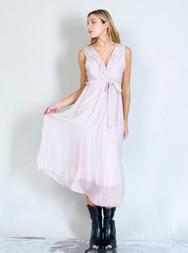 BZNA Ibiza Kleid Rose Seidenchiffon langes Kleid mit Rüschen Seidenkleid oneSize