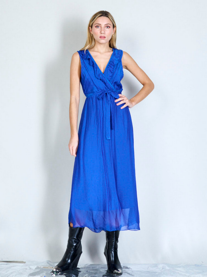 BZNA Ibiza Kleid Royalblau Seidenchiffon langes Kleid mit Rüschen Seidenkleid oneSize