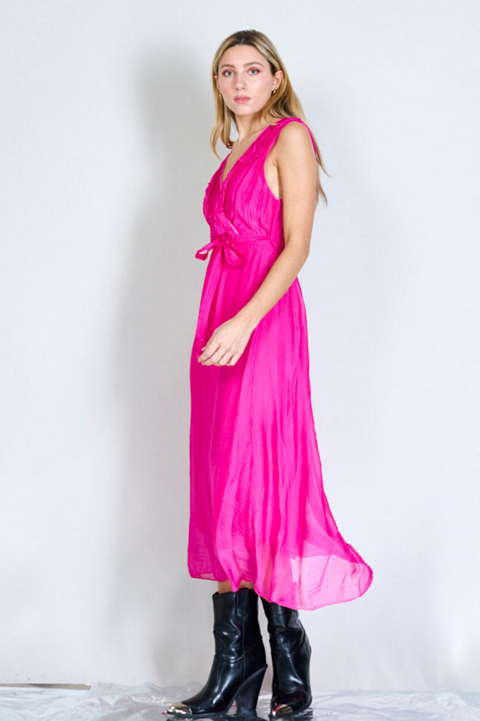 BZNA Ibiza Kleid Fuxia Seidenchiffon langes Kleid mit Rüschen Seidenkleid oneSize
