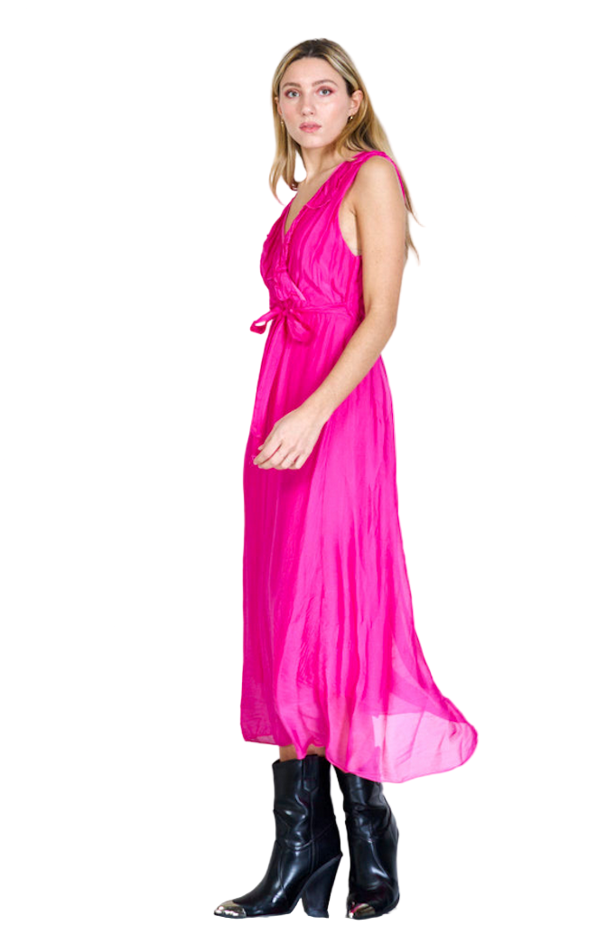 BZNA Ibiza Kleid Fuxia Seidenchiffon langes Kleid mit Rüschen Seidenkleid oneSize