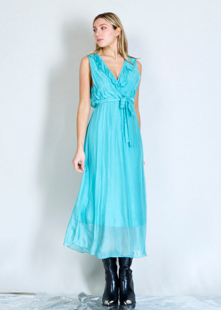 BZNA Ibiza Kleid Aqua Seidenchiffon langes Kleid mit Rüschen Seidenkleid oneSize
