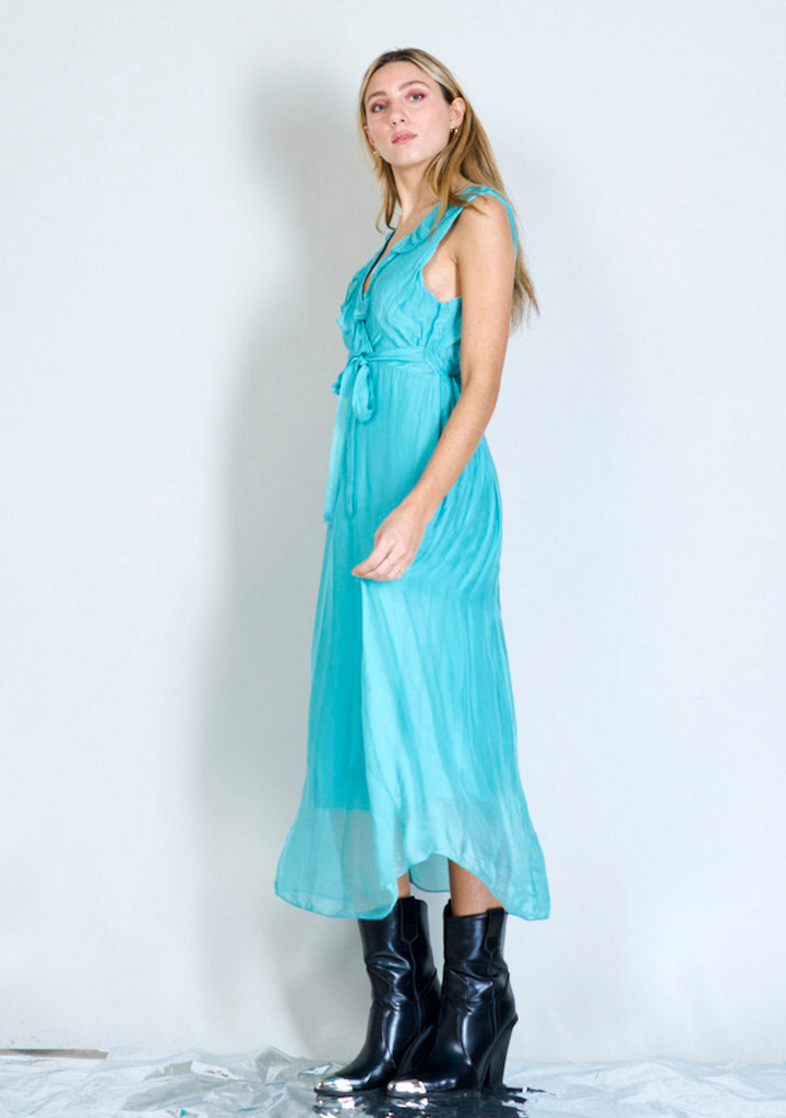 BZNA Ibiza Kleid Aqua Seidenchiffon langes Kleid mit Rüschen Seidenkleid oneSize