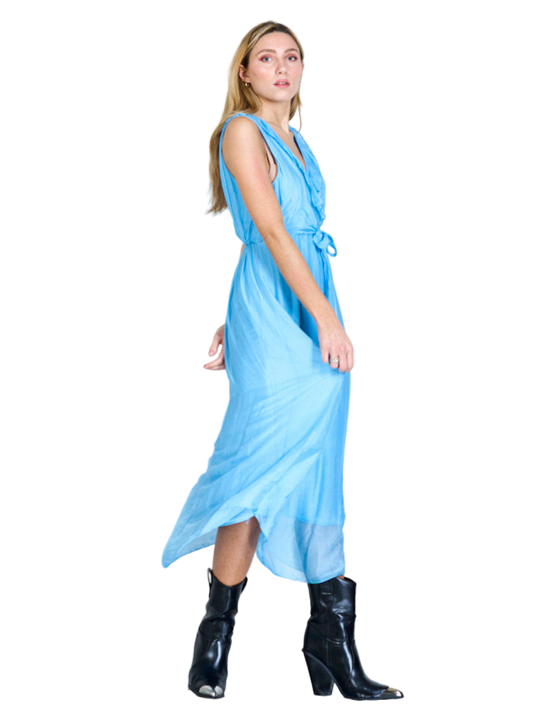 BZNA Ibiza Kleid Light Blue Seidenchiffon langes Kleid mit Rüschen Seidenkleid oneSize - B Z N A