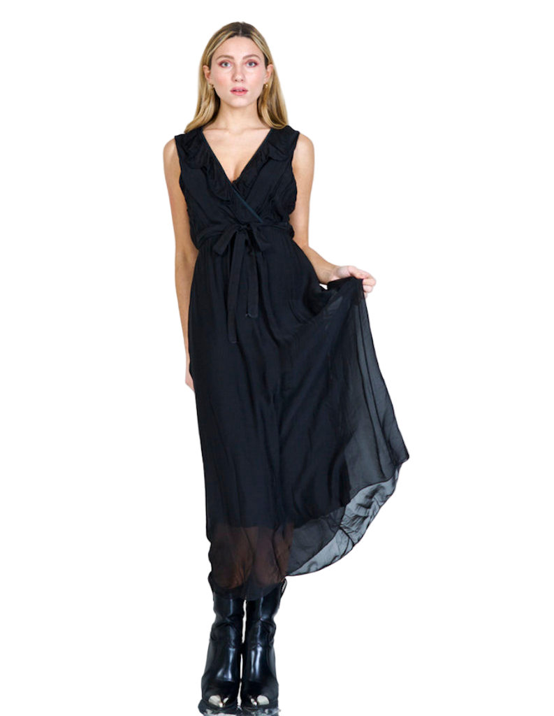 BZNA Ibiza Kleid Schwarz Seidenchiffon langes Kleid mit Rüschen Seidenkleid oneSize - B Z N A
