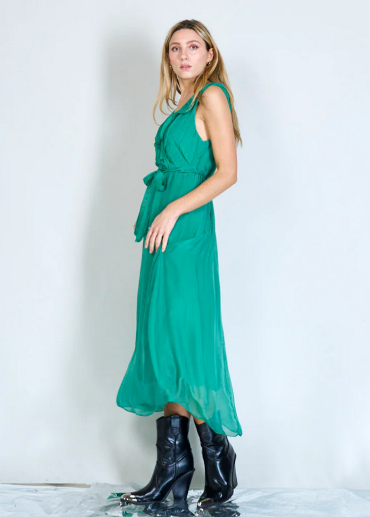 BZNA Ibiza Kleid Esmerald Grün Seidenchiffon langes Kleid mit Rüschen Seidenkleid oneSize