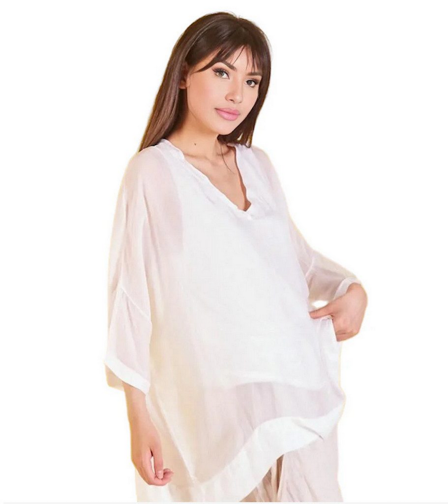 BZNA Seidenbluse Weiß Tunika Seidentunika mit V -Ausschnitt Seidenchiffonbluse Fledermaus Ärmel oneSize