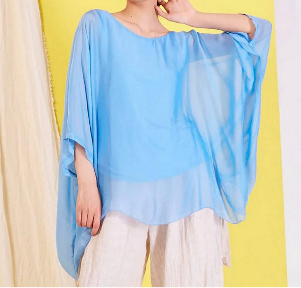 BZNA Seidenbluse Light Blue Tunika Seidentunika Seidenchiffonbluse Fledermaus Ärmel oneSize