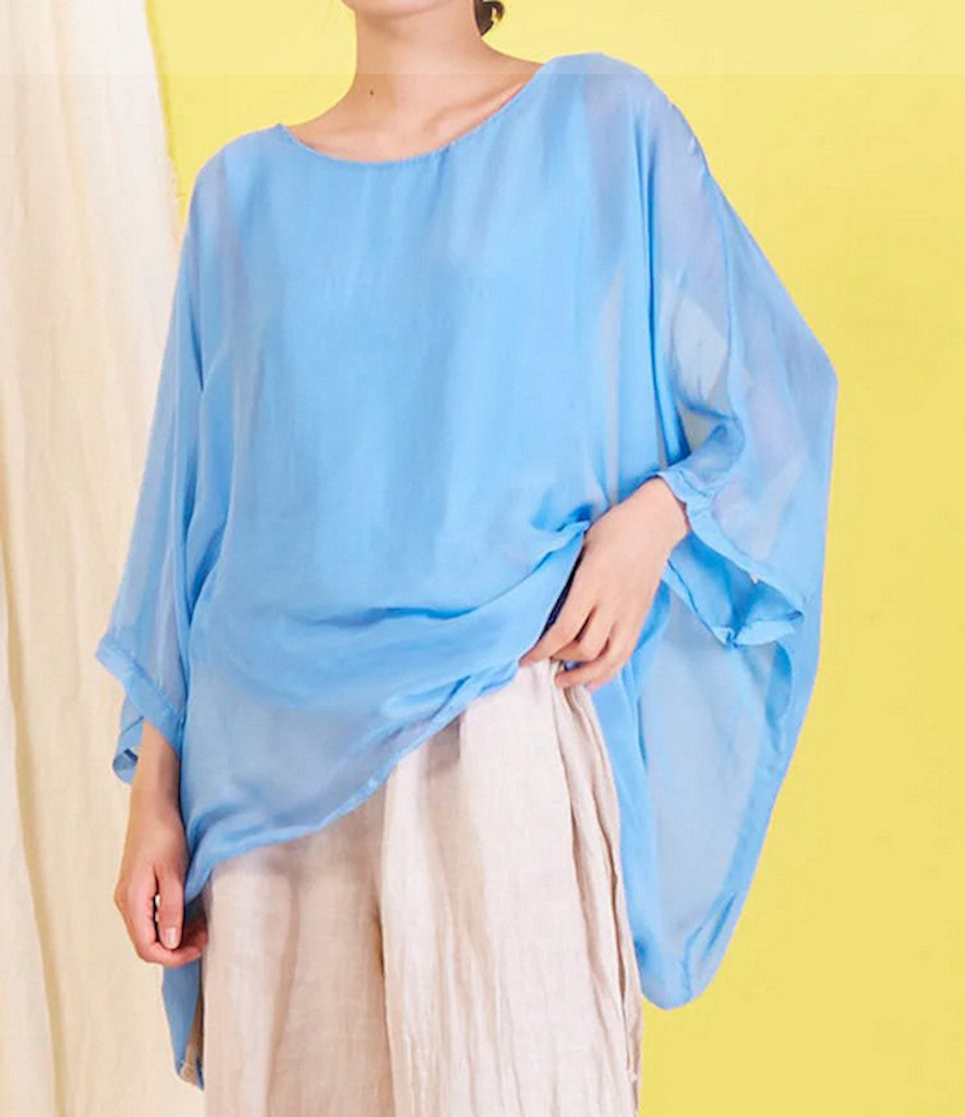 BZNA Seidenbluse Light Blue Tunika Seidentunika Seidenchiffonbluse Fledermaus Ärmel oneSize